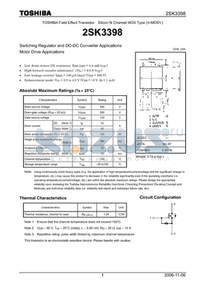 2SK3398_06 datasheet - Silicon N Channel MOS Type Switching Regulator and DC-DC Converter Applications Motor Drive Applications