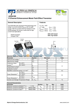AOD4189 datasheet - P-Channel Enhancement Mode Field Effect Transistor