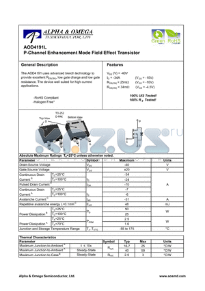 AOD4191L datasheet - P-Channel Enhancement Mode Field Effect Transistor