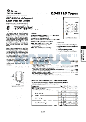 CD4511B datasheet - CMOS BCD-TO-7-SEGMENT LATCH DECODER DRIVERS