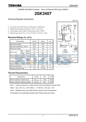 2SK3407 datasheet - TOSHIBA Field Effect Transistor Silicon N Channel MOS Type (PIE-MOSV)