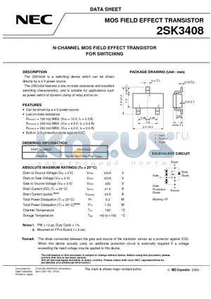 2SK3408 datasheet - N-CHANNEL MOS FIELD EFFECT TRANSISTOR FOR SWITCHING