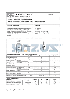 AOD444 datasheet - N-Channel Enhancement Mode Field Effect Transistor