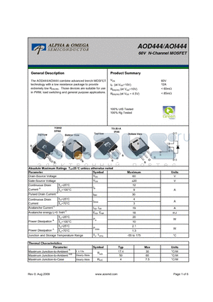 AOD444 datasheet - 60V N-Channel MOSFET