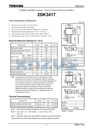 2SK3417 datasheet - Silicon N Channel MOS Type Switching Regulator Applications