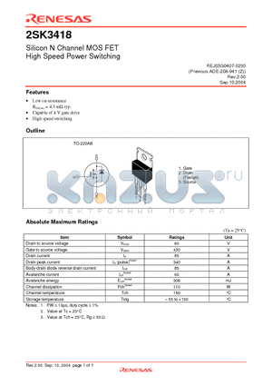 2SK3418 datasheet - Silicon N Channel MOS FET High Speed Power Switching