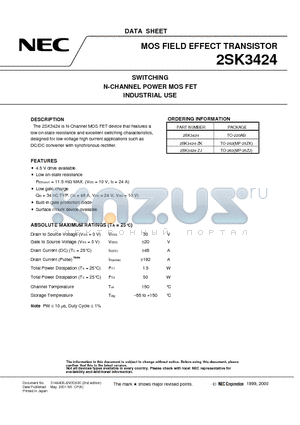 2SK3424-ZJ datasheet - SWITCHING N-CHANNEL POWER MOSFET INDUSTRIAL USE