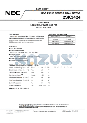 2SK3424 datasheet - SWITCHING N-CHANNEL POWER MOSFET INDUSTRIAL USE