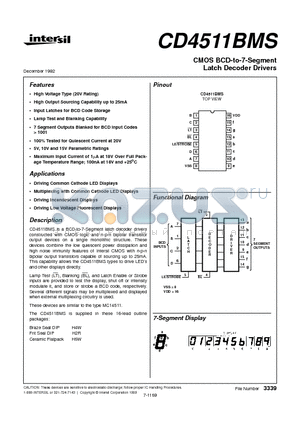 CD4511BMS datasheet - CMOS BCD-to-7-Segment Latch Decoder Drivers