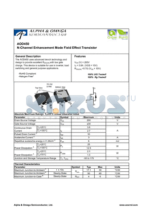 AOD450 datasheet - N-Channel Enhancement Mode Field Effect Transistor