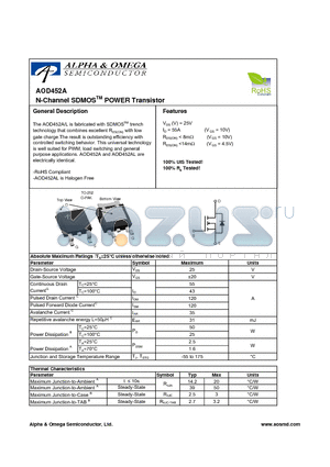 AOD452AL datasheet - N-Channel SDMOSTM POWER Transistor