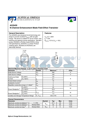 AOD450L datasheet - N-Channel Enhancement Mode Field Effect Transistor