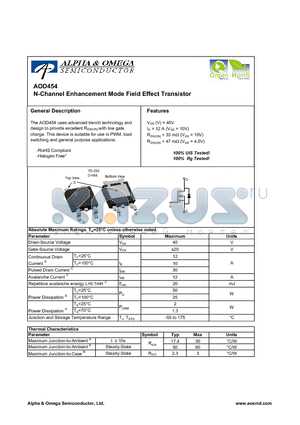 AOD454 datasheet - N-Channel Enhancement Mode Field Effect Transistor