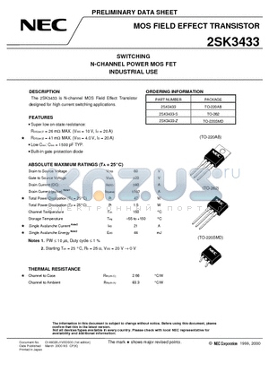 2SK3433 datasheet - SWITCHING N-CHANNEL POWER MOS FET INDUSTRIAL USE