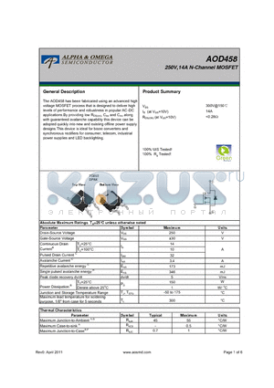 AOD458_11 datasheet - 250V,14A N-Channel MOSFET