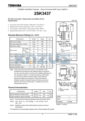 2SK3437 datasheet - Silicon N Channel MOS Type DC-DC Converter, Relay Drive and Motor Drive Applications