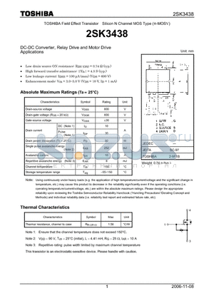 2SK3438 datasheet - Silicon N Channel MOS Type DC-DC Converter, Relay Drive and Motor Drive Applications