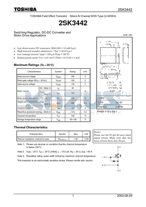 2SK3442 datasheet - TOSHIBA Field Effect Transistor Silicon N Channel MOS Type (U-MOSII)