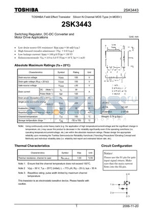 2SK3443 datasheet - Silicon N Channel MOS Type Switching Regulator, DC-DC Converter and Motor Drive Applications