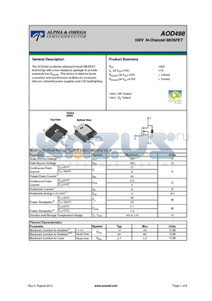 AOD498 datasheet - 100V N-Channel MOSFET