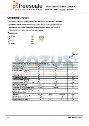 AOD4S60 datasheet - 600V 4A a MOS TM Power Transistor