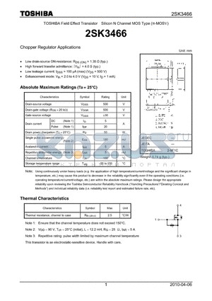 2SK3466 datasheet - Chopper Regulator Applications