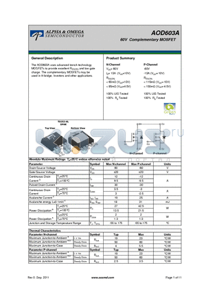 AOD603A datasheet - 60V Complementary MOSFET
