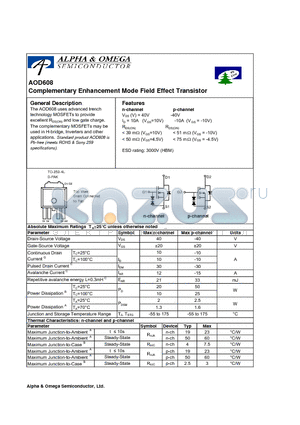 AOD608 datasheet - Complementary Enhancement Mode Field Effect Transistor