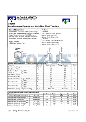 AOD609 datasheet - Complementary Enhancement Mode Field Effect Transistor