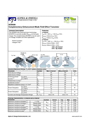 AOD609 datasheet - Complementary Enhancement Mode Field Effect Transistor