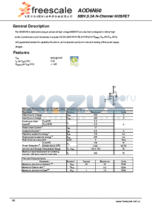 AOD6N50 datasheet - 500V,5.3A N-Channel MOSFET