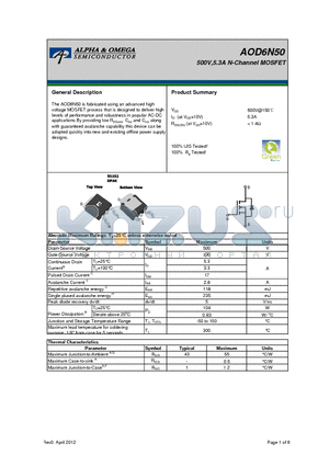 AOD6N50 datasheet - 500V,5.3A N-Channel MOSFET