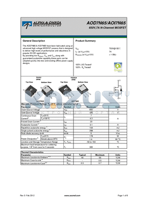 AOD7N65 datasheet - 650V,7A N-Channel MOSFET