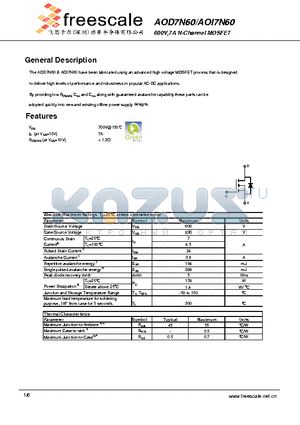 AOD7N60 datasheet - 600V,7A N-Channel MOSFET