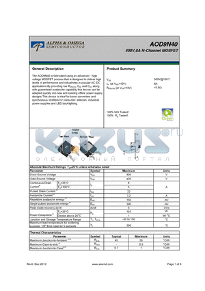 AOD9N40 datasheet - 400V,8A N-Channel MOSFET