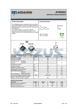 AOD9N52 datasheet - 520V,9A N-Channel MOSFET