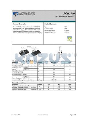 AOH3110 datasheet - 100V N-Channel MOSFET