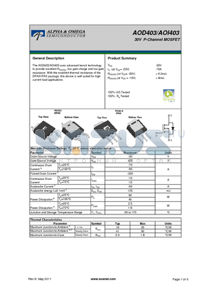 AOI403 datasheet - 30V P-Channel MOSFET