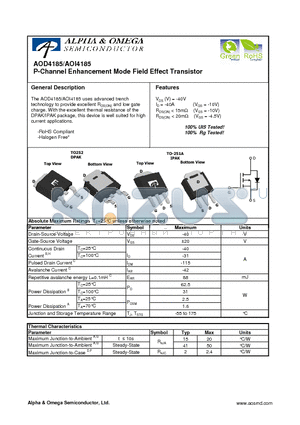 AOI4185 datasheet - P-Channel Enhancement Mode Field Effect Transistor