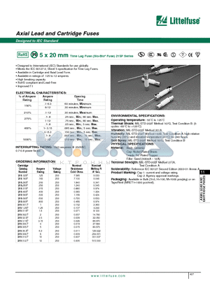 215001P datasheet - 5 x 20 mm Time Lag Fuse (Slo-Blo Fuse)