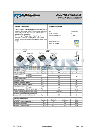 AOI7N65 datasheet - 650V,7A N-Channel MOSFET