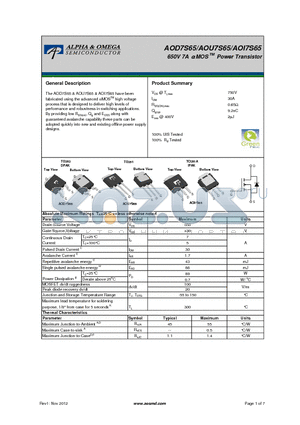 AOI7S65 datasheet - 650V 7A a MOS Power Transistor