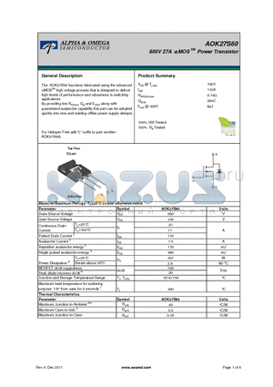 AOK27S60 datasheet - 600V 27A a MOS Power Transistor