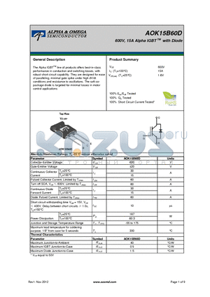 AOK15B60D datasheet - 600V, 15A Alpha IGBT with Diode