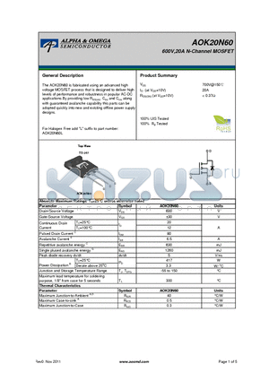 AOK20N60 datasheet - 600V,20A N-Channel MOSFET