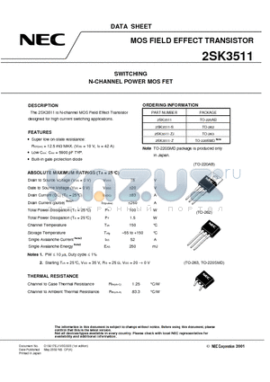 2SK3511 datasheet - SWITCHING N-CHANNEL POWER MOSFET