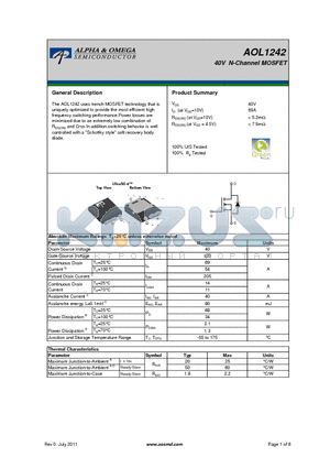 AOL1242 datasheet - 40V N-Channel MOSFET