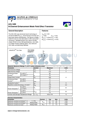 AOL1400 datasheet - N-Channel Enhancement Mode Field Effect Transistor