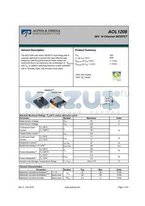 AOL1208 datasheet - 30V N-Channel MOSFET