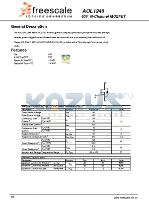 AOL1240 datasheet - 40V N-Channel MOSFET